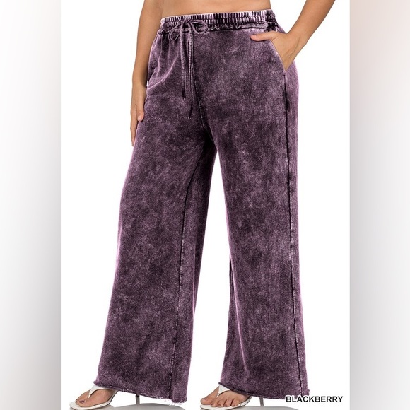 Pants - Plus Blackberry Terry Mineral Washed Drawstring Waist Raw Hem Pants